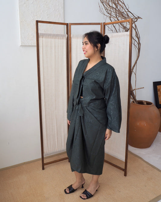 Pareo Skirt  & Aien Cardigan - Green Embossed